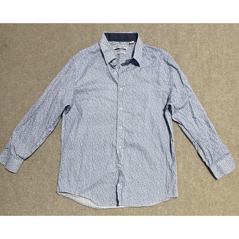 Nick Graham Shirt Mens Large Blue White Paisley Modern Fit Button Down Cotton